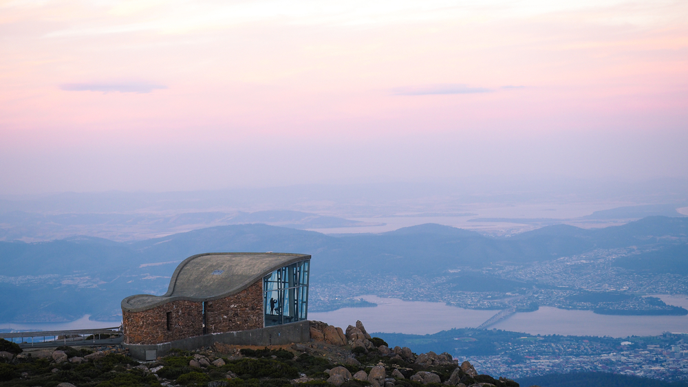 Visitor centre tourist hut on top of Mt Wellington overlooking Hobart - capital city of Tasmania, Australia.