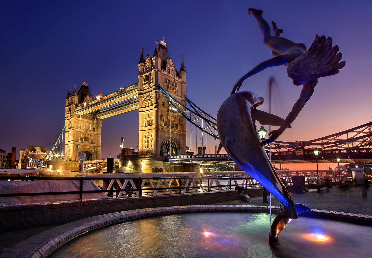 Tower Bridge in London. Seen at night.