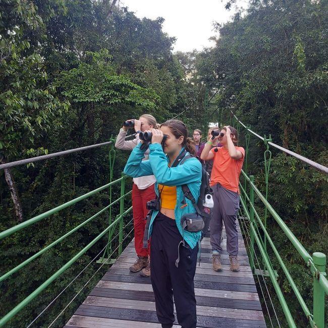 Students in Monteverde, Costa Rica using binoculars on a bridge